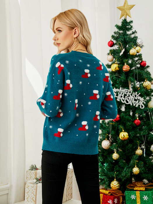 Cozy Christmas Patterned Knit Sweater with Long Sleeves for Women