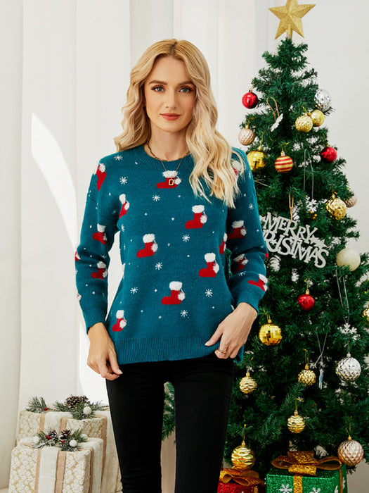 Festive Christmas Knit Pullover Sweater for Women with Long Sleeves