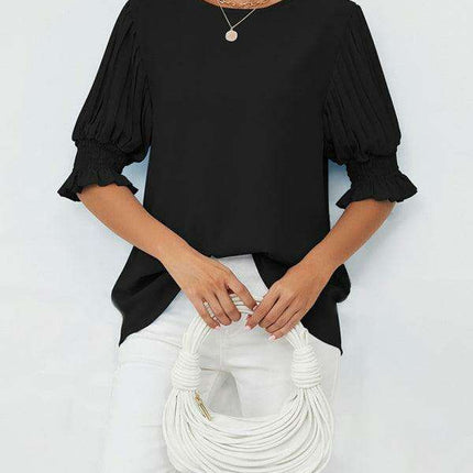 Chic Printed Puff Sleeve Blouse with Crew Neck Design in 100% Polyester