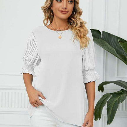 Chic Printed Puff Sleeve Blouse with Crew Neck Design in 100% Polyester