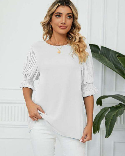 Chic Printed Puff Sleeve Blouse with Crew Neck Design in 100% Polyester