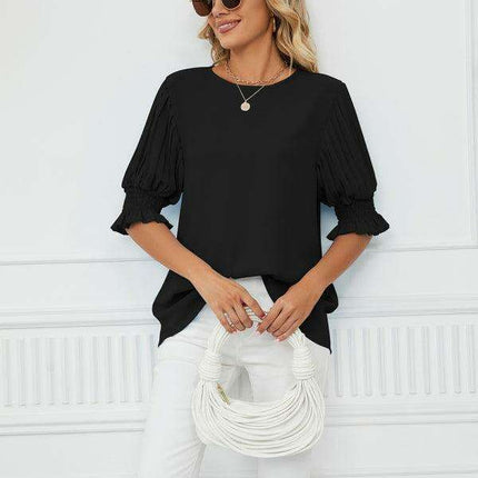 Chic Printed Puff Sleeve Blouse with Crew Neck Design in 100% Polyester