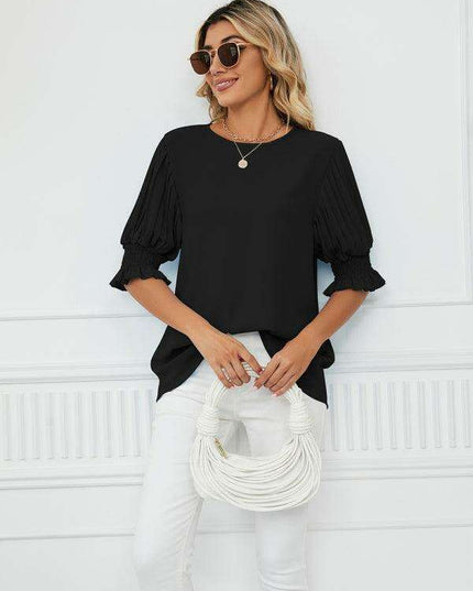 Chic Printed Puff Sleeve Blouse with Crew Neck Design in 100% Polyester