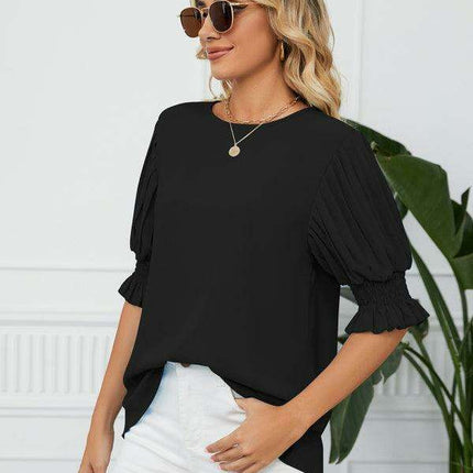 Chic Printed Puff Sleeve Blouse with Crew Neck Design in 100% Polyester