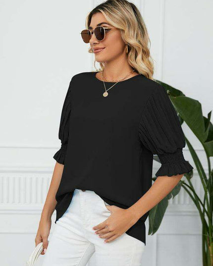 Chic Printed Puff Sleeve Blouse with Crew Neck Design in 100% Polyester