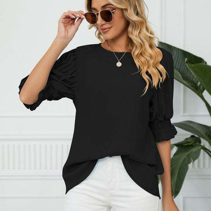 Chic Printed Puff Sleeve Blouse with Crew Neck Design in 100% Polyester