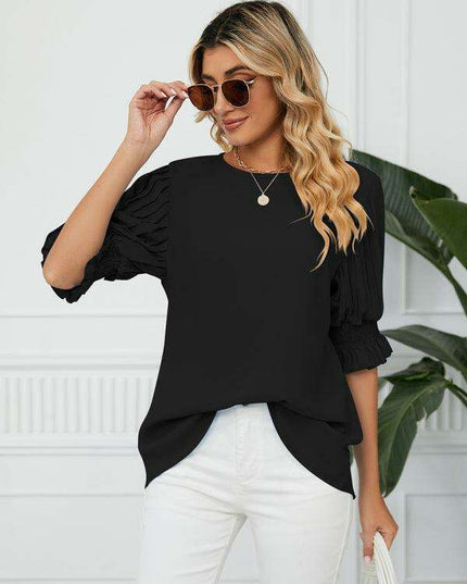 Chic Printed Puff Sleeve Blouse with Crew Neck Design in 100% Polyester