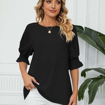 Chic Printed Puff Sleeve Blouse with Crew Neck Design in 100% Polyester