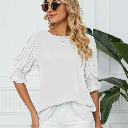 Chic Printed Puff Sleeve Blouse with Crew Neck Design in 100% Polyester