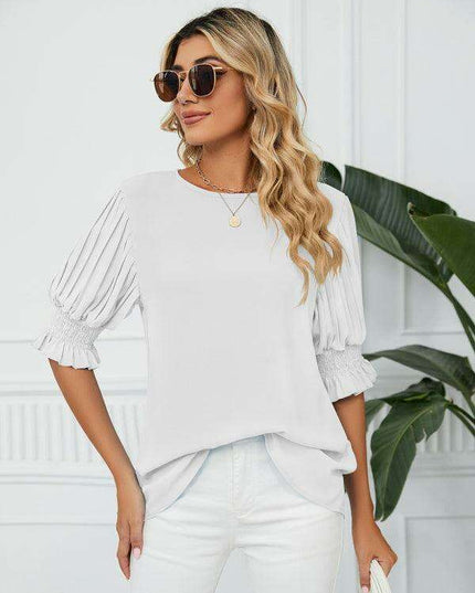 Chic Printed Puff Sleeve Blouse with Crew Neck Design in 100% Polyester