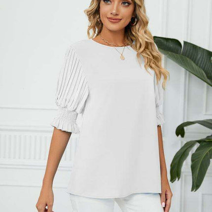 Chic Printed Puff Sleeve Blouse with Crew Neck Design in 100% Polyester