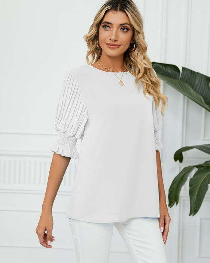 Chic Printed Puff Sleeve Blouse with Crew Neck Design in 100% Polyester