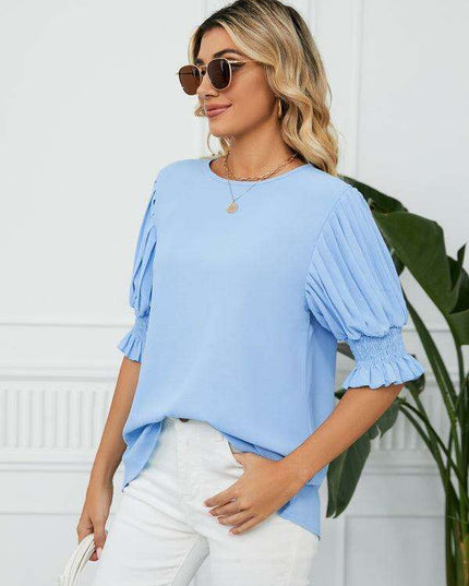 Chic Printed Puff Sleeve Blouse with Crew Neck Design in 100% Polyester