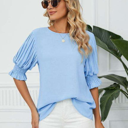 Chic Printed Puff Sleeve Blouse with Crew Neck Design in 100% Polyester