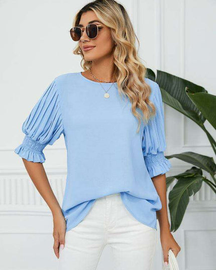 Chic Printed Puff Sleeve Blouse with Crew Neck Design in 100% Polyester