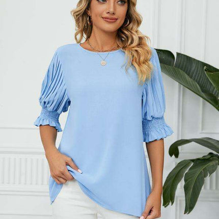 Chic Printed Puff Sleeve Blouse with Crew Neck Design in 100% Polyester