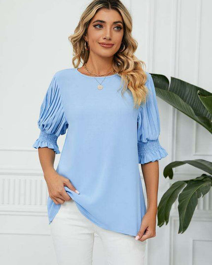 Chic Printed Puff Sleeve Blouse with Crew Neck Design in 100% Polyester