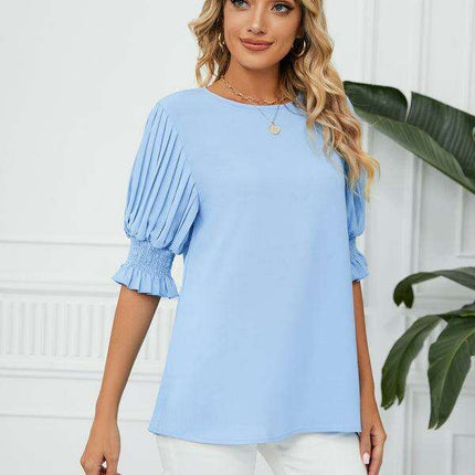 Chic Printed Puff Sleeve Blouse with Crew Neck Design in 100% Polyester