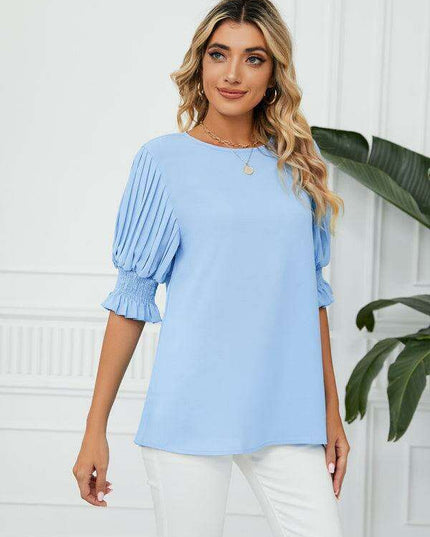 Chic Printed Puff Sleeve Blouse with Crew Neck Design in 100% Polyester