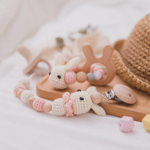 Rabbit-themed Wooden Teething Toy Cart Strap - Interactive Teething Aid for Babies