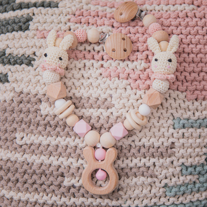 Rabbit-themed Wooden Teething Toy Clip - Interactive Teething Aid for Babies