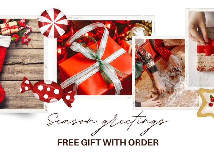 Collage of Christmas-themed images including stockings, presents, and a mug with text 'Season greetings' and 'Free gift with order'.
