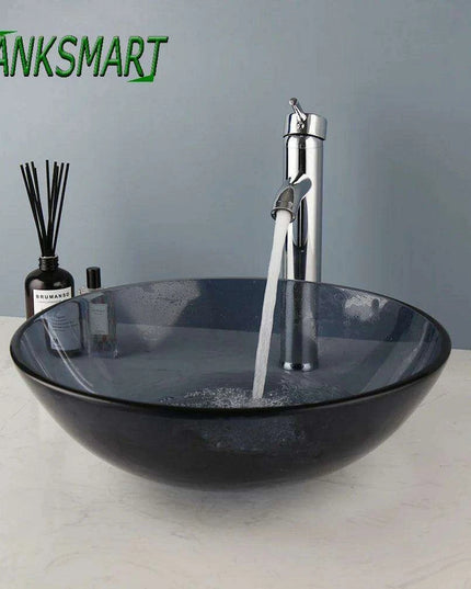 Stylish Hand-Painted Grey Tempered Glass Bathroom Sink Ensemble with Faucet and Chrome Drain Kit