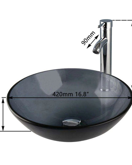 Stylish Hand-Painted Grey Tempered Glass Bathroom Sink Ensemble with Faucet and Chrome Drain Kit