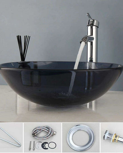 Stylish Hand-Painted Grey Tempered Glass Bathroom Sink Ensemble with Faucet and Chrome Drain Kit