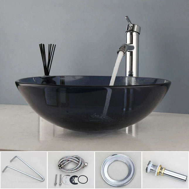 Stylish Hand-Painted Grey Tempered Glass Bathroom Sink Ensemble with Faucet and Chrome Drain Kit