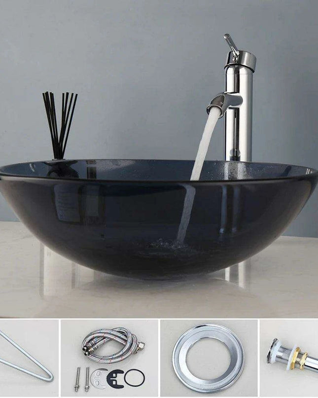 Stylish Hand-Painted Grey Tempered Glass Bathroom Sink Ensemble with Faucet and Chrome Drain Kit