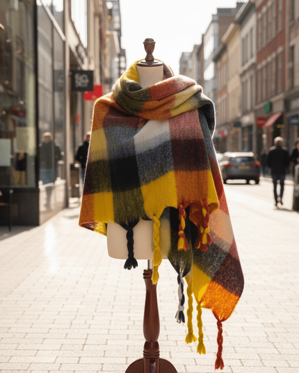 Cozy Colorful Plaid Shawl with Elegant Tassels
