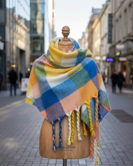 Cozy Colorful Plaid Shawl with Elegant Tassels