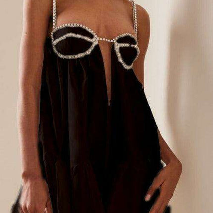 Chic Diamond-Embellished Suspender Swing Dress - Fashionably Elegant