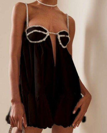 Chic Diamond-Embellished Suspender Swing Dress - Fashionably Elegant