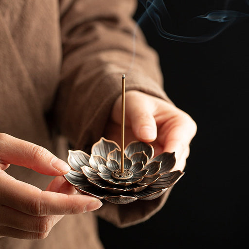 Zen Lotus Flower Incense Burner Holder with Sandalwood Coil Base