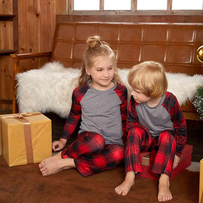 Cozy Plaid Pants and Raglan Sleeve Top Set for Kids
