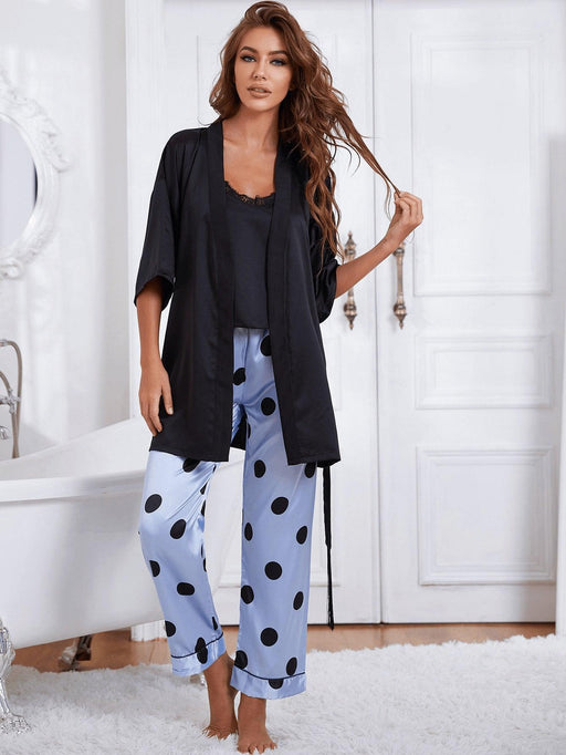 Satin Polka Dot and Floral Pajama Set with Lace Accents