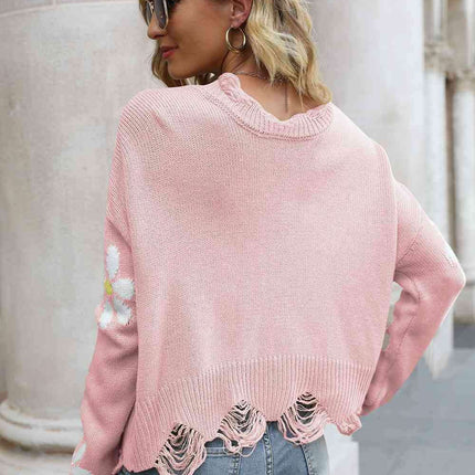 Cozy Blossom Distressed Knit Sweater