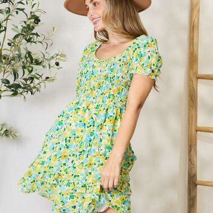 Charming Floral Smocked Mini Dress with Flouncy Sleeves