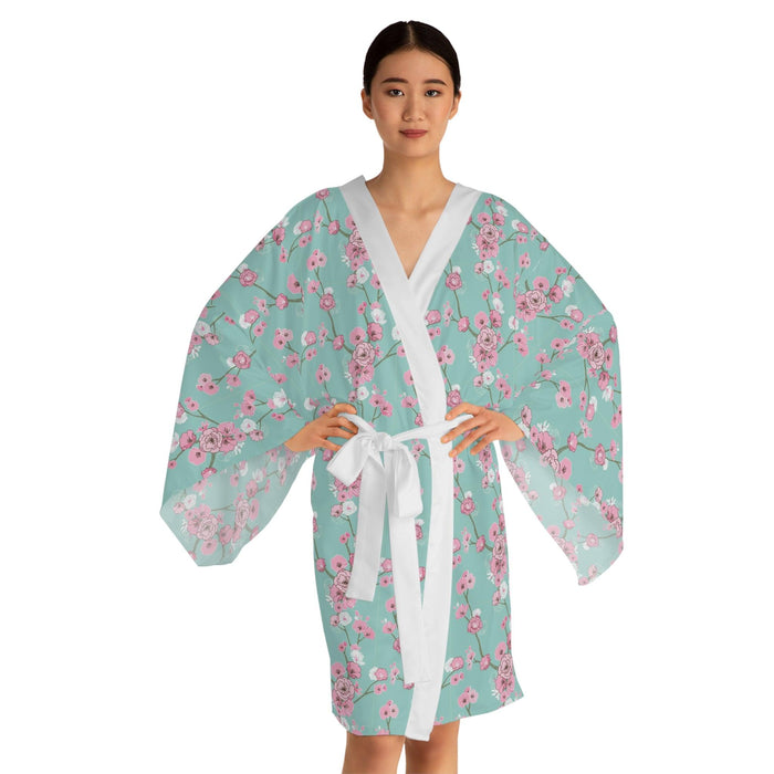 Cherry Blossom Print Bell Sleeve Kimono Robe with Belt