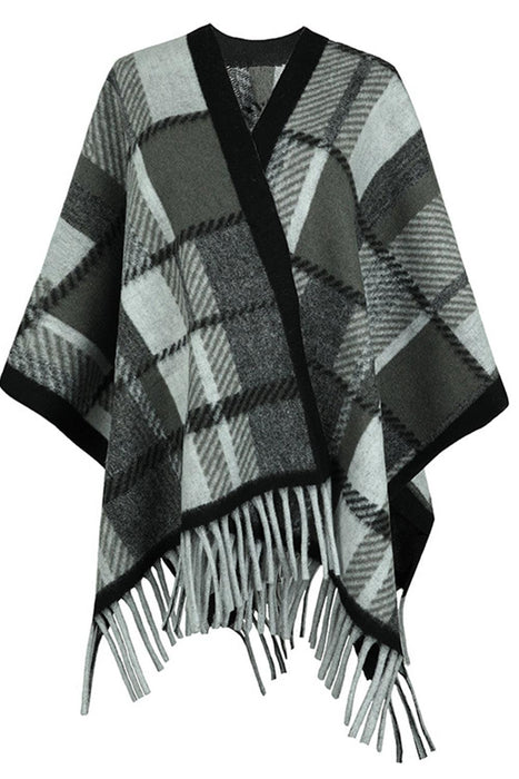 Fringe Trim Plaid Cape with Cloak Sleeves