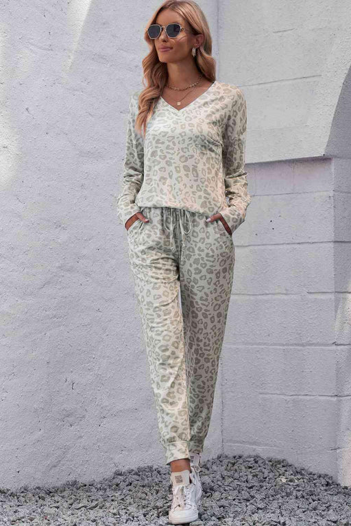 Leopard Print Lounge Set with V-Neck Top and Jogger Pants