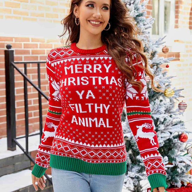Festive Cheer Letter Print Crewneck Sweater - Warm Acrylic Holiday Top