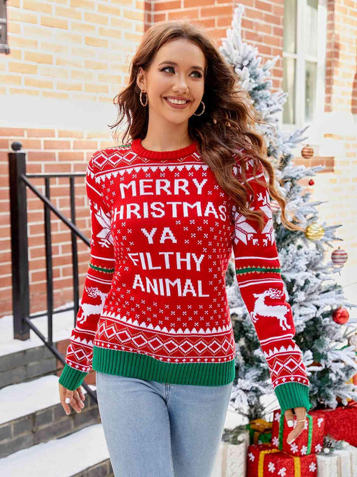 Festive Letter Print Long Sleeve Christmas Sweater - Cozy Acrylic Crewneck