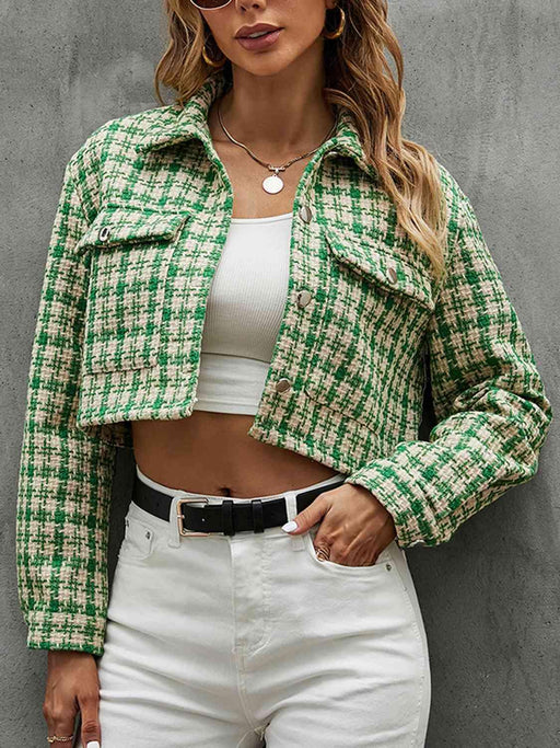 Plaid Collared Neck Long Sleeve Jacket with Button Detail