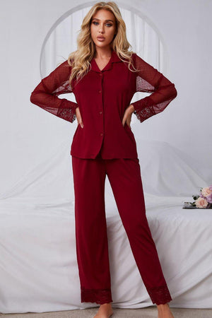 Spliced Lace Lapel Collar Pajama Set-Trendsi-Red-S-Très Elite