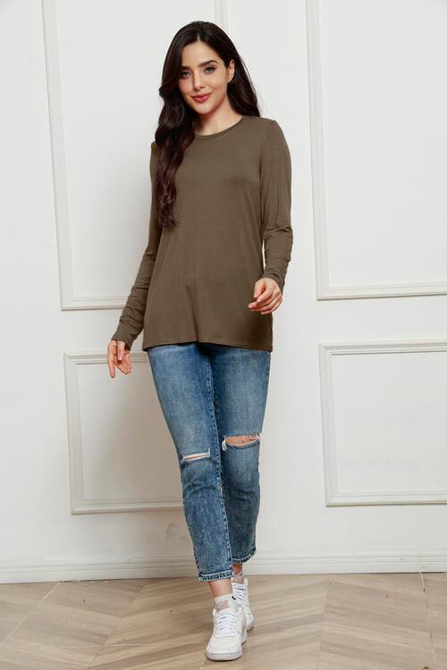 Sweetheart Classic Full Size Round Neck Long Sleeve Blouse