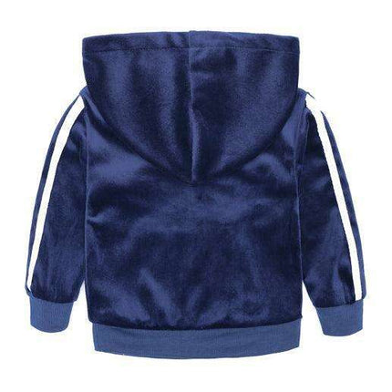 Trendy Gold Velvet Kids Hooded Pajama Set with Sporty Side Stripes