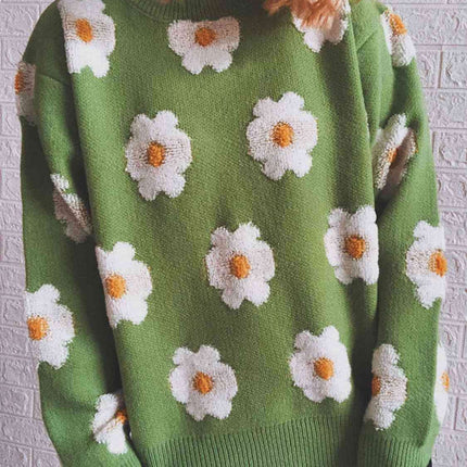Charming Floral Long Sleeve Knit Sweater